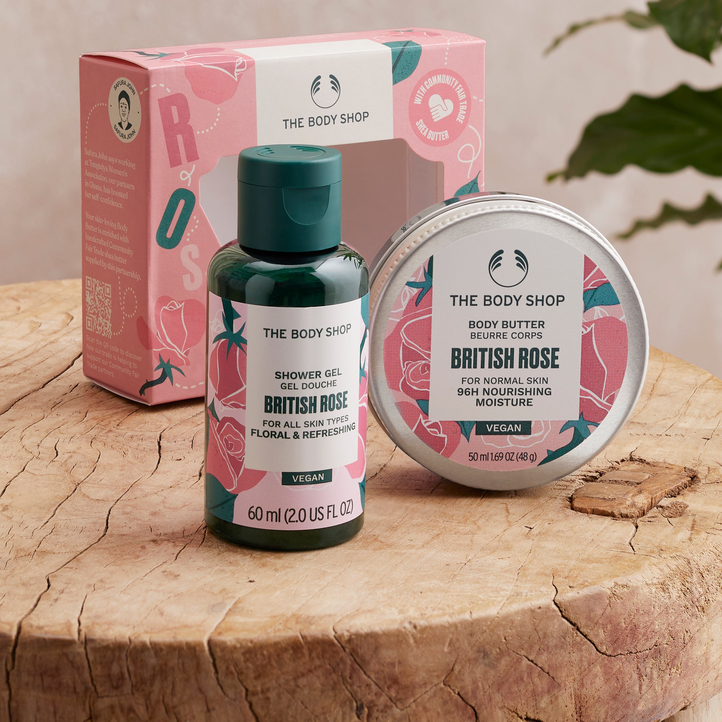 The body shop British rose shower gel and body butter on a wooden stool