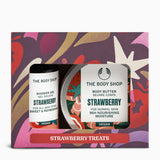 The Body Shop Strawberry-themed gift set with shower gel and body butter on a colorful background