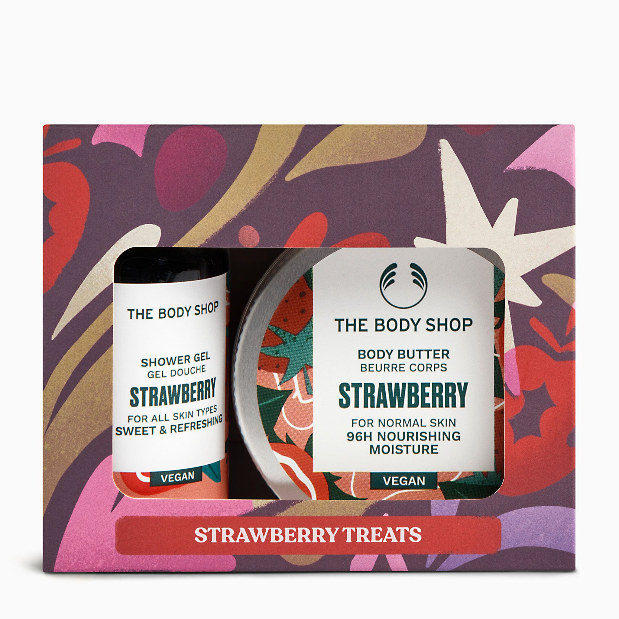 The Body Shop Strawberry-themed gift set with shower gel and body butter on a colorful background