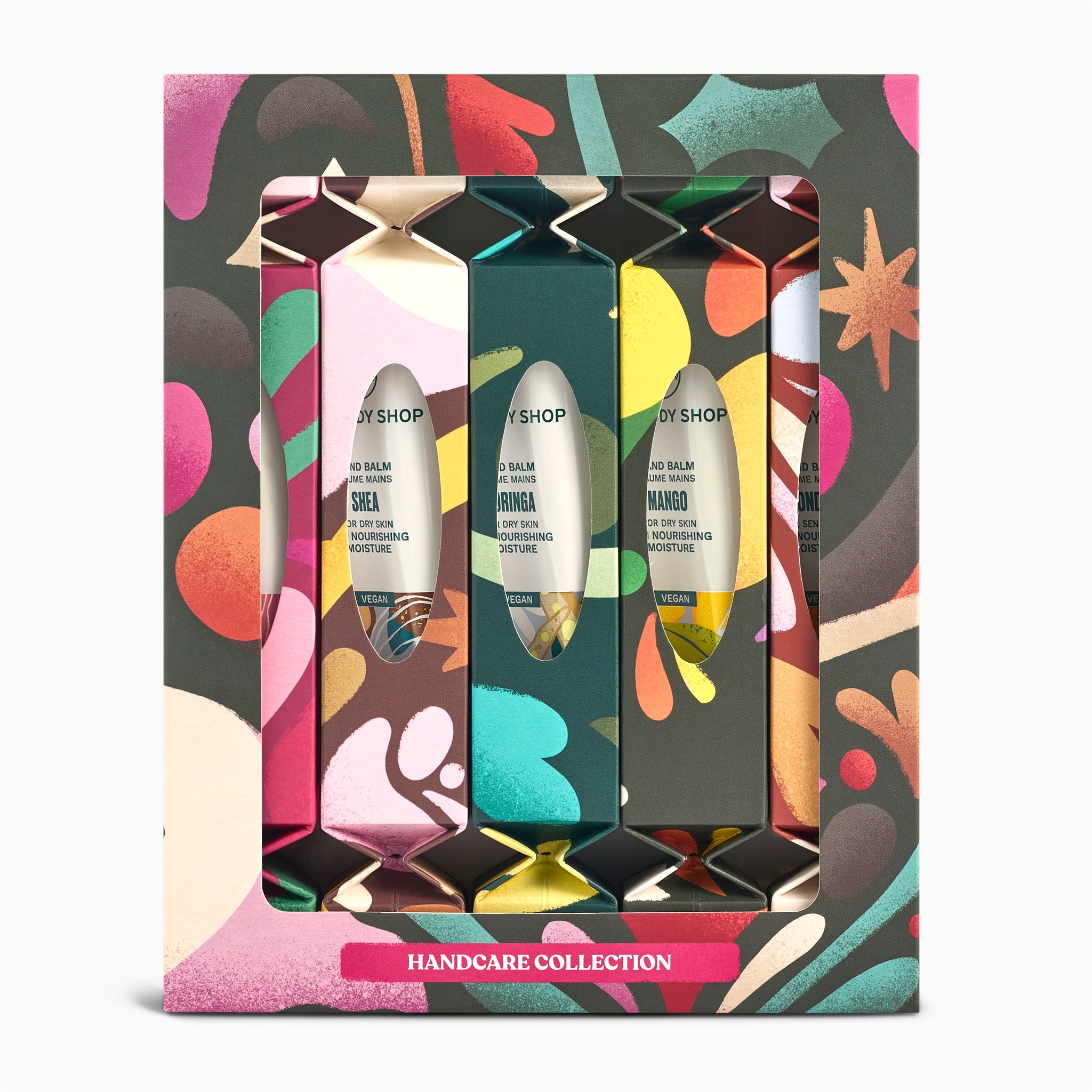 Handcare Collection packaging with colorful design and balm tubes inside