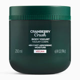 Green jar with product title Cranberry Crush Body Yogurt 48H fast-absorbing moisture Vegan 200ml