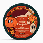 Sugar Pumpkin cream body scrub container with cartoon pumpkins on a white background