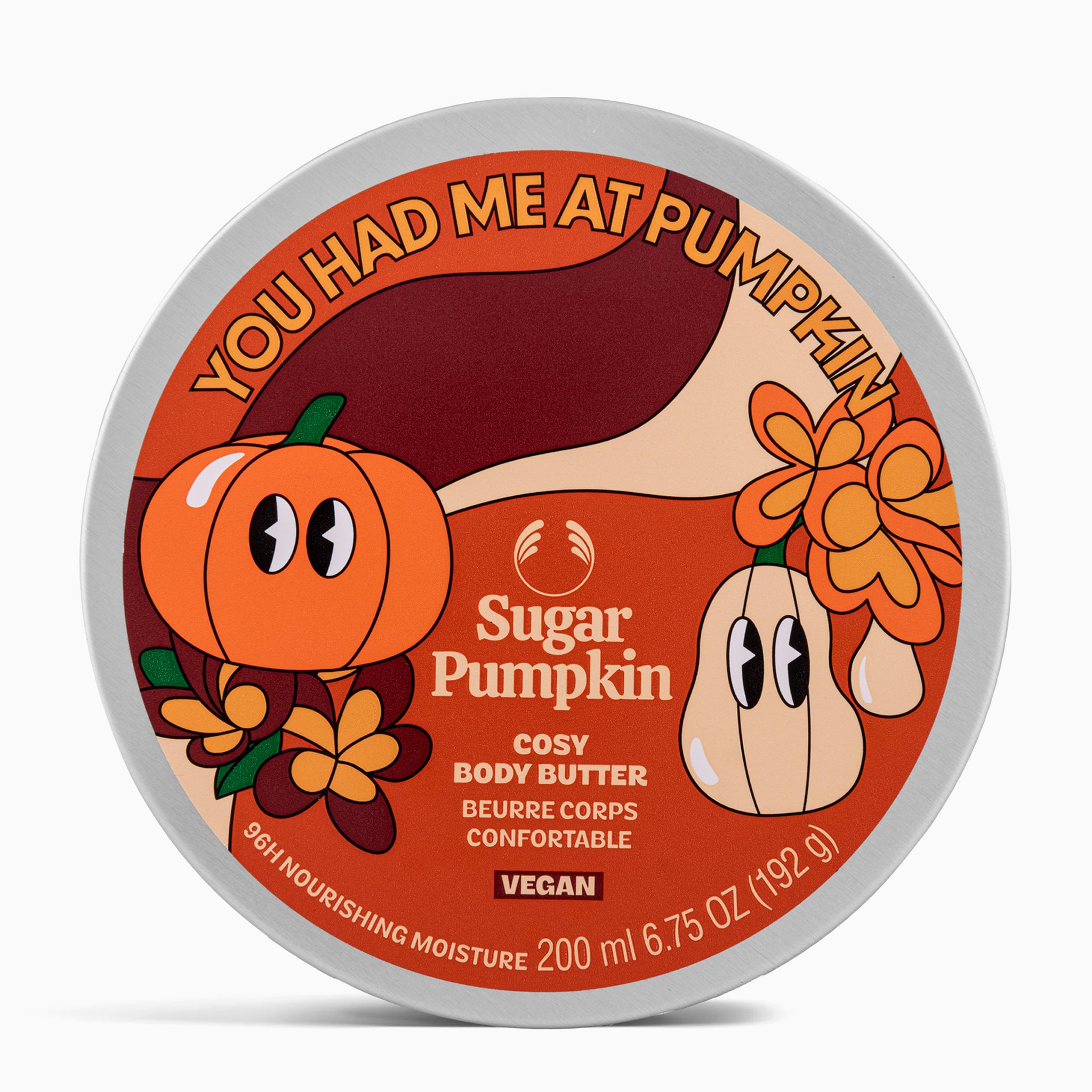 Cosy body butter container with cartoon pumpkins and leaves on a white background