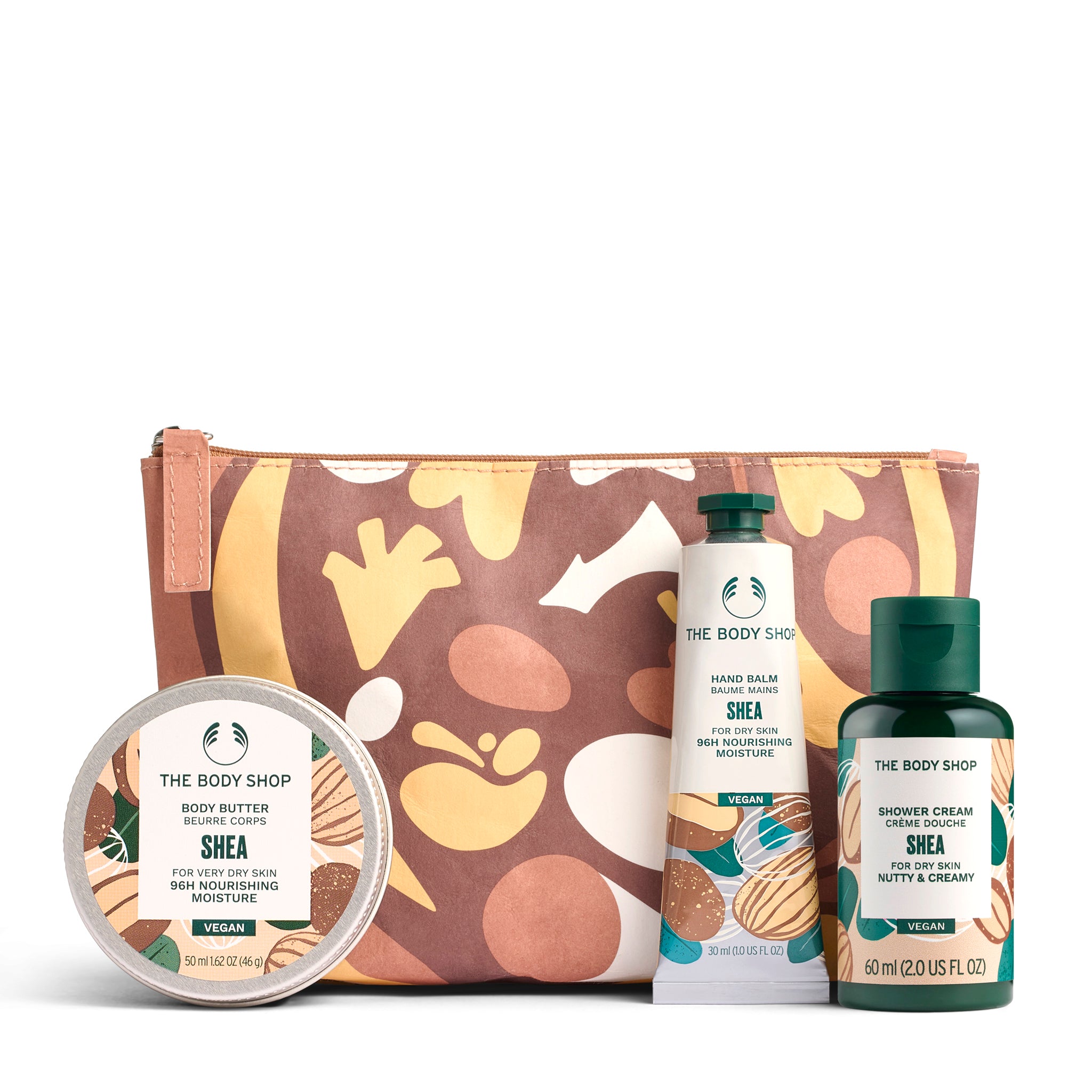 The Body Shop Shea product set with a pouch on a white background