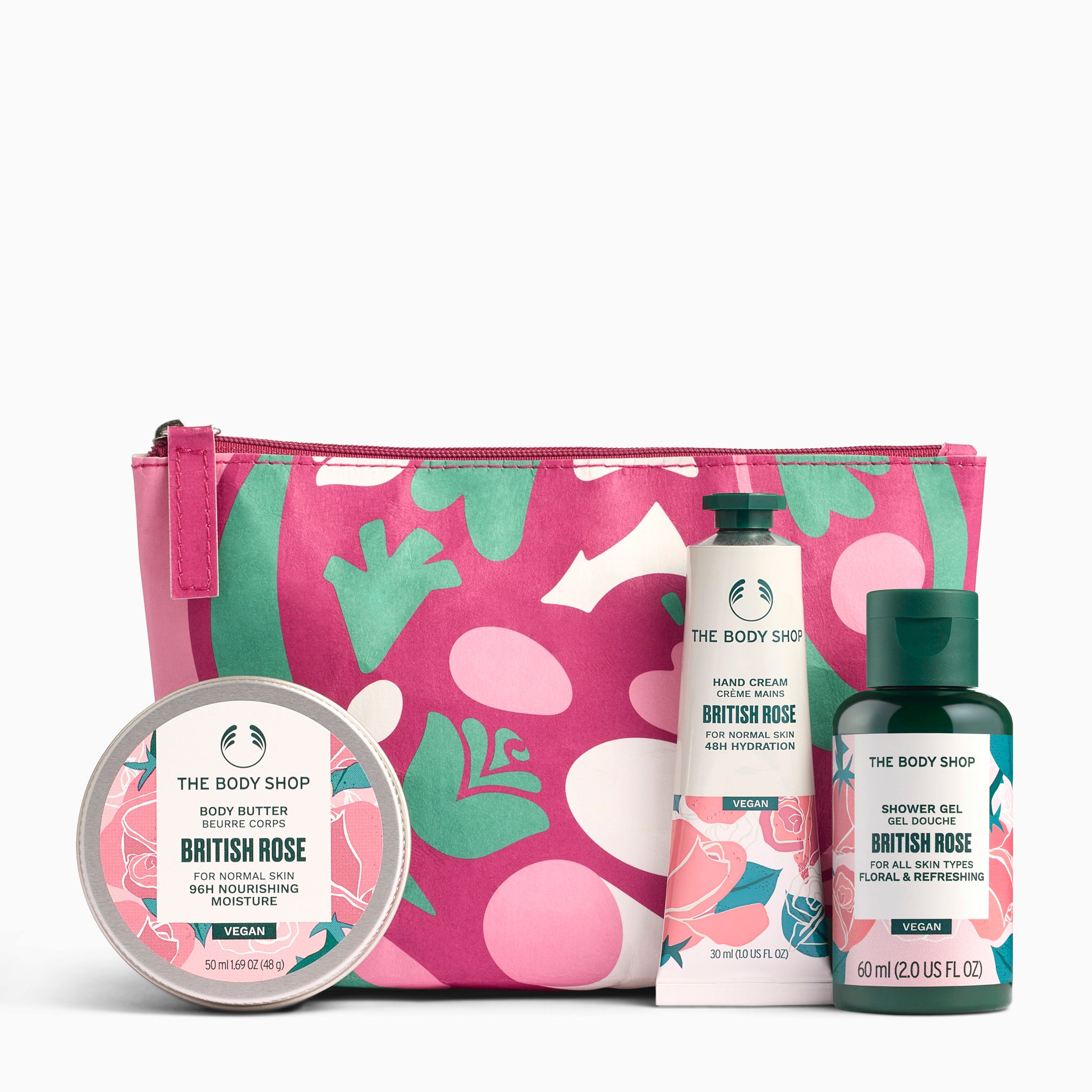 The Body Shop British Rose product set with a pink floral-patterned pouch on a white background
