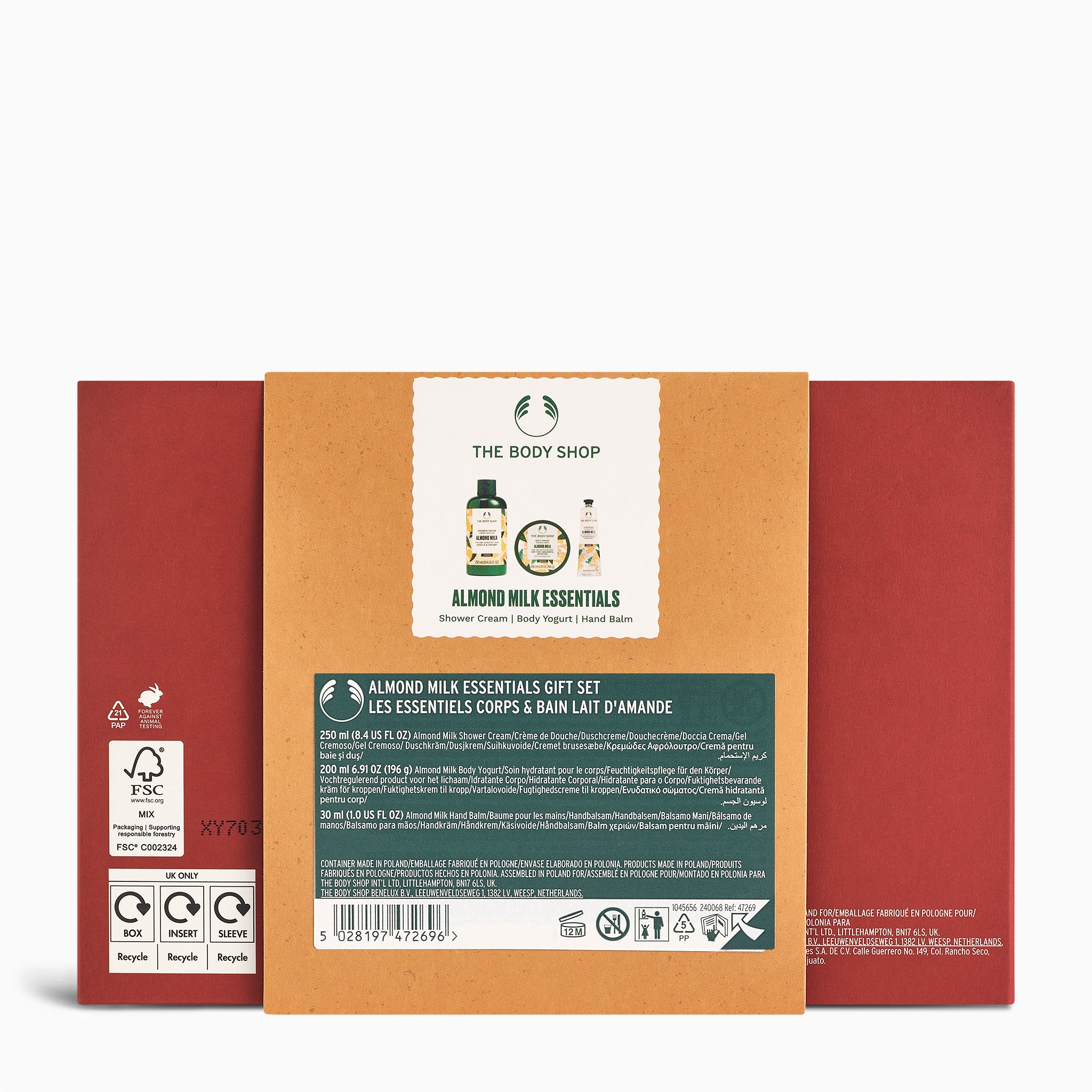 The Body Shop Almond Milk Essentials gift set packaging on a white background