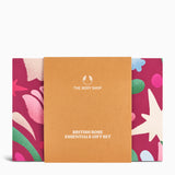 The Body Shop British Rose Essentials gift set packaging with floral designs on a white background