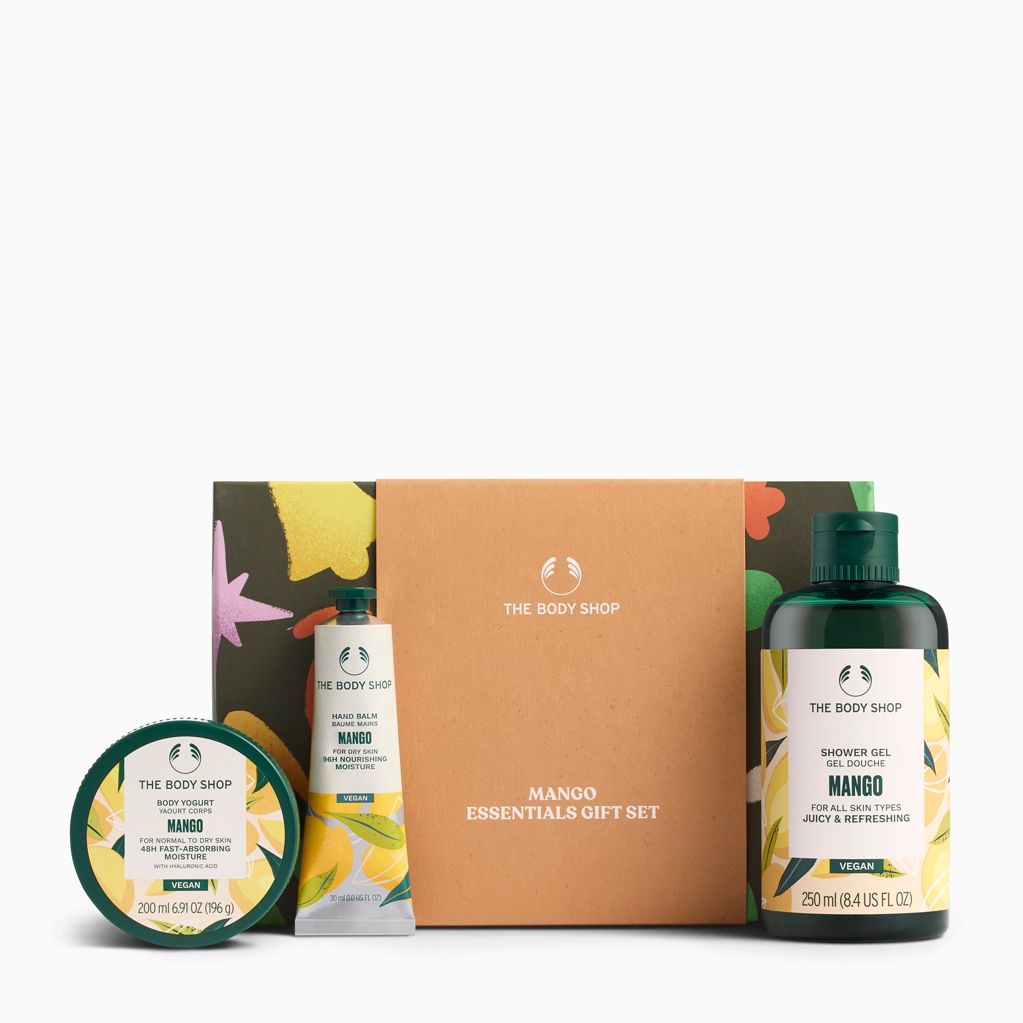The Body Shop Mango Essentials gift set with products and packaging on a white background