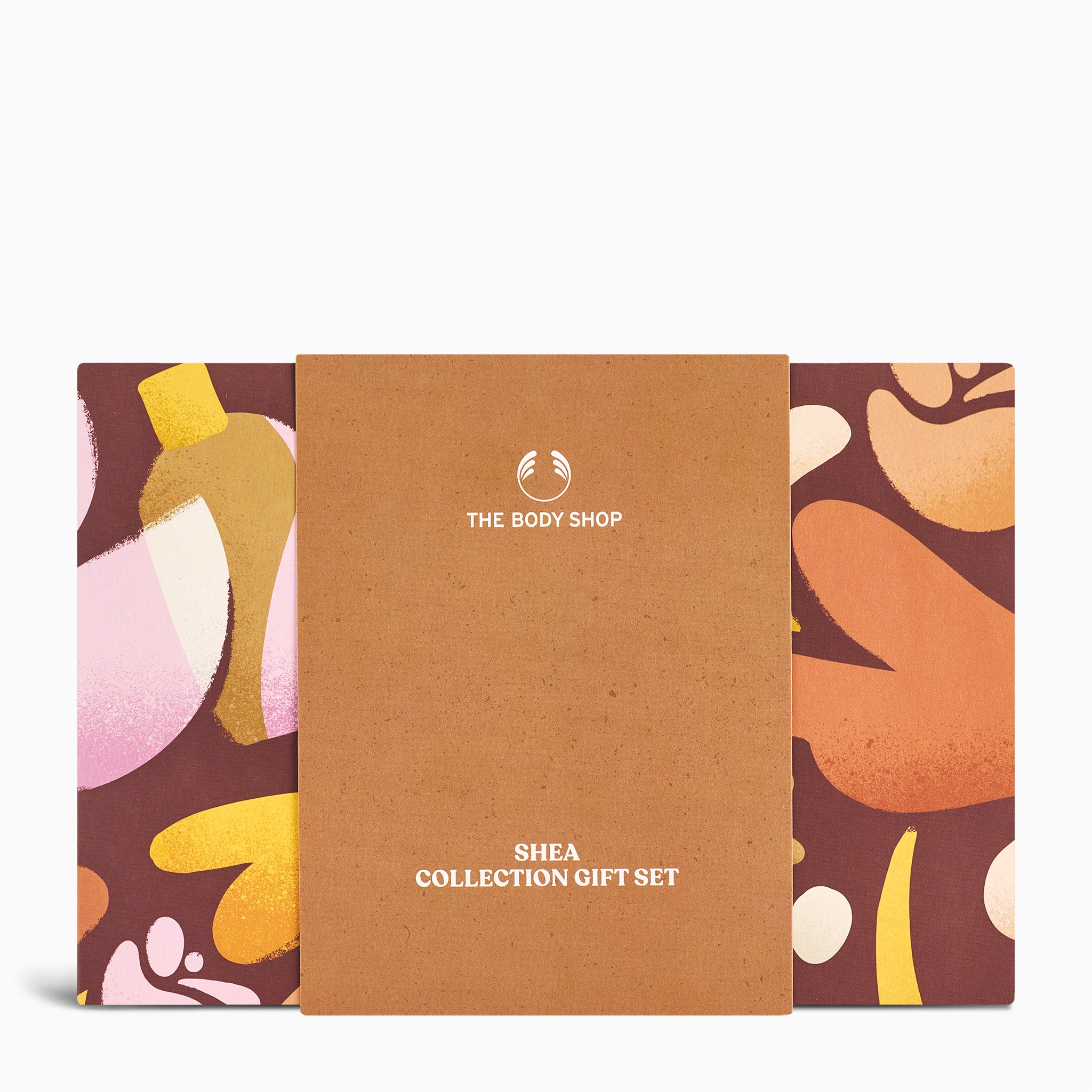 The Body Shop Shea Collection gift set packaging with abstract designs on a white background