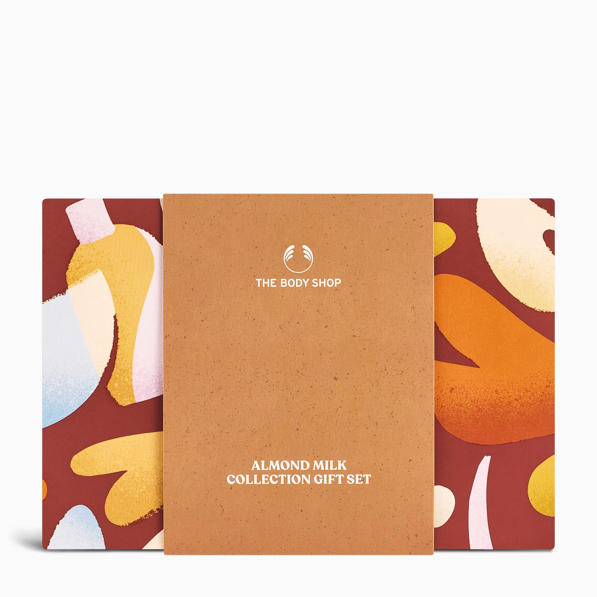 The Body Shop Almond Milk Collection gift set packaging with abstract design