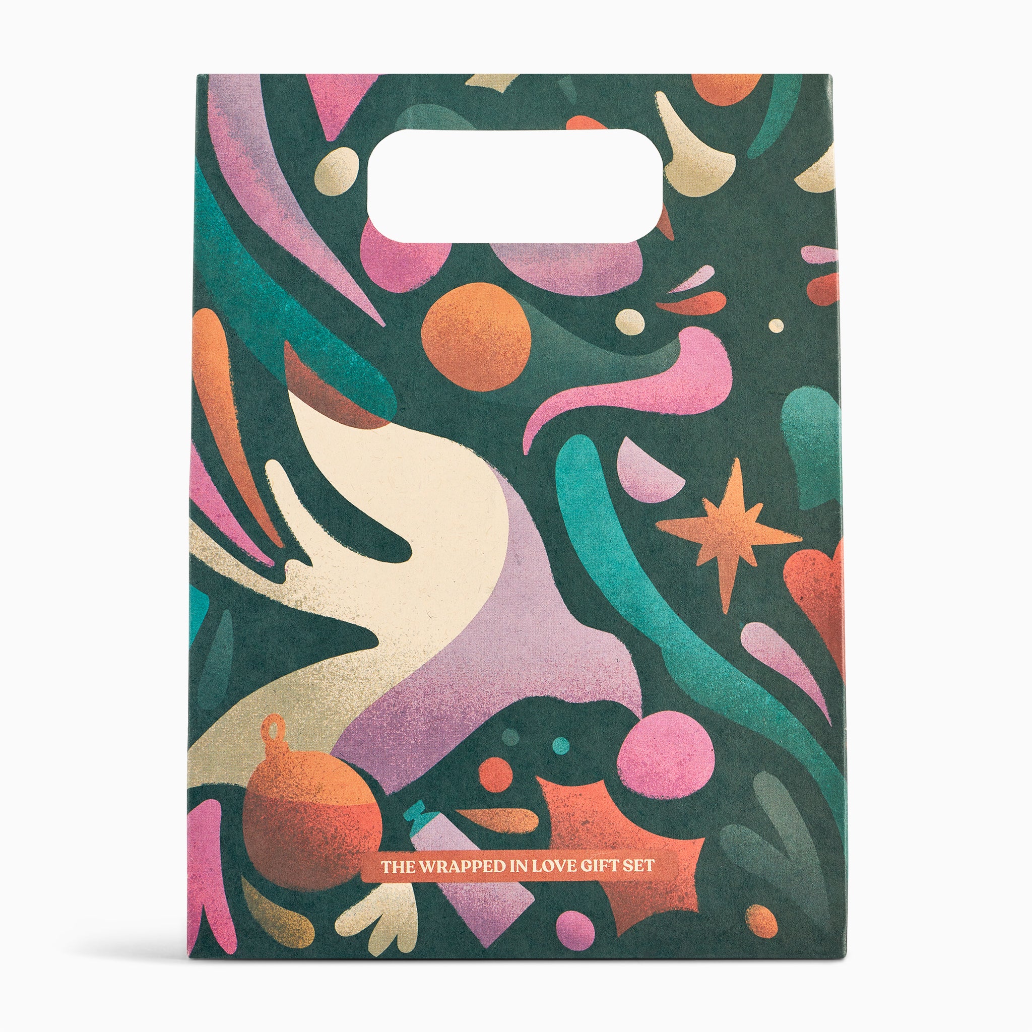 Colorful gift set packaging with abstract design on a white background