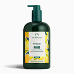 Green bottle with pump and white label detailing The Body Shop Mango Shower Gel 750ml