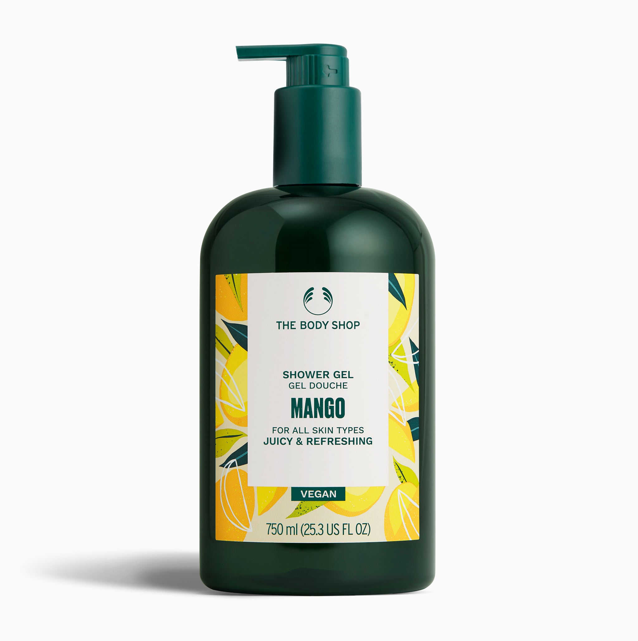 Green bottle with pump and white label detailing The Body Shop Mango Shower Gel 750ml