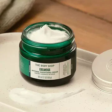 The body shop edelweiss product open on a white and brown background