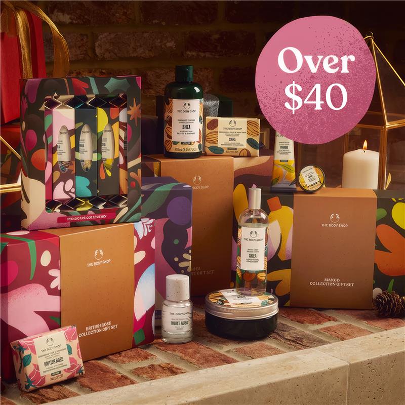 Collection of The Body Shop products on a decorative surface with a 'Over $40' label.