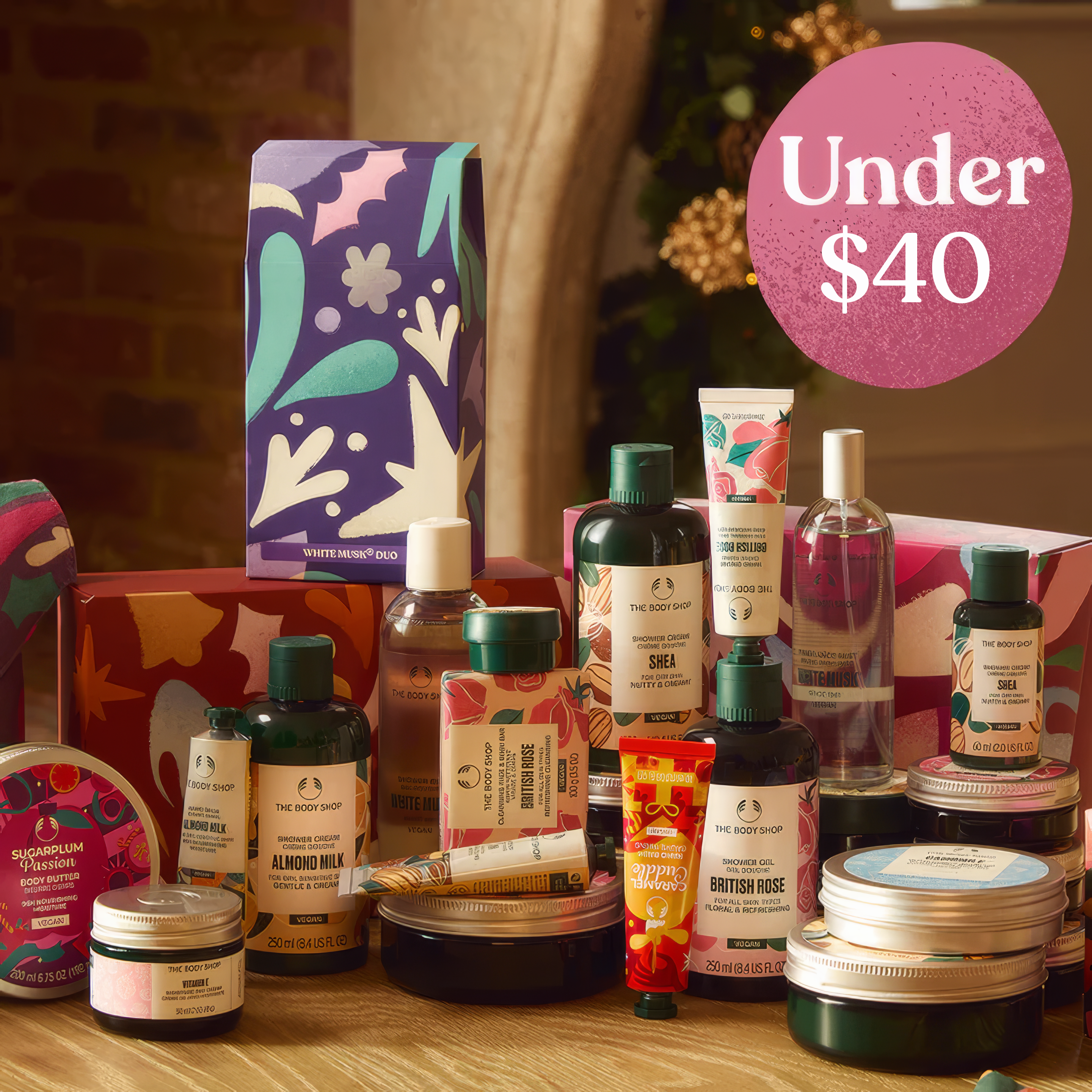 Collection of beauty products with a 'Under $40' label on a wooden surface.