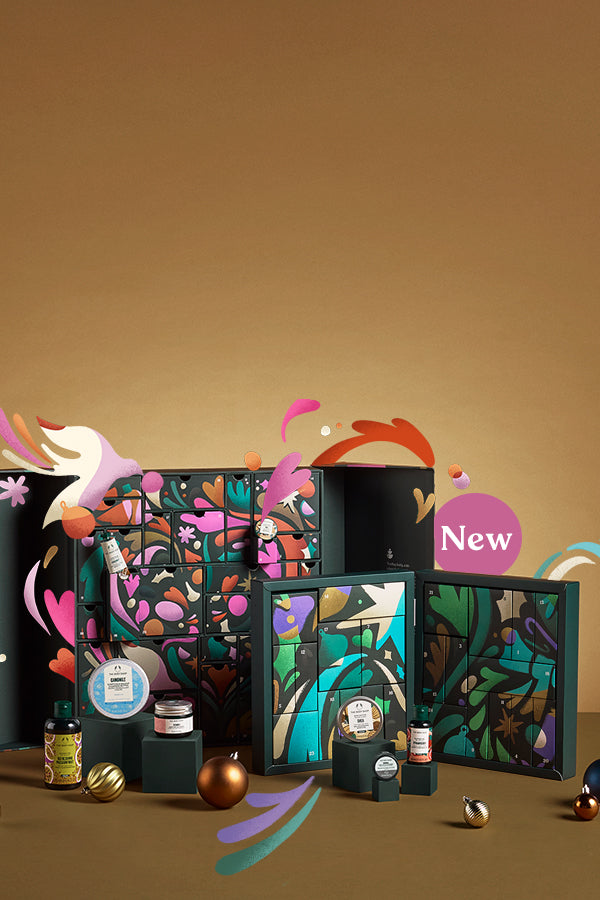 Cosmetic products with colorful packaging on a brown background