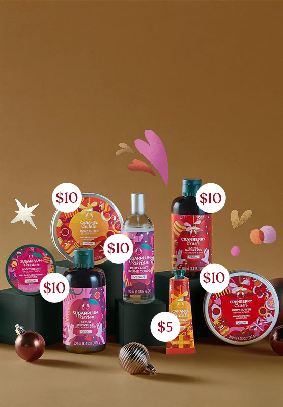 Collection of skincare products with price labels on a brown background