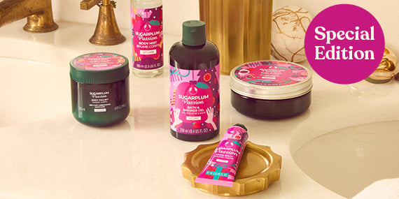 Bath and body products on a bathroom counter with 'Special Edition' label.