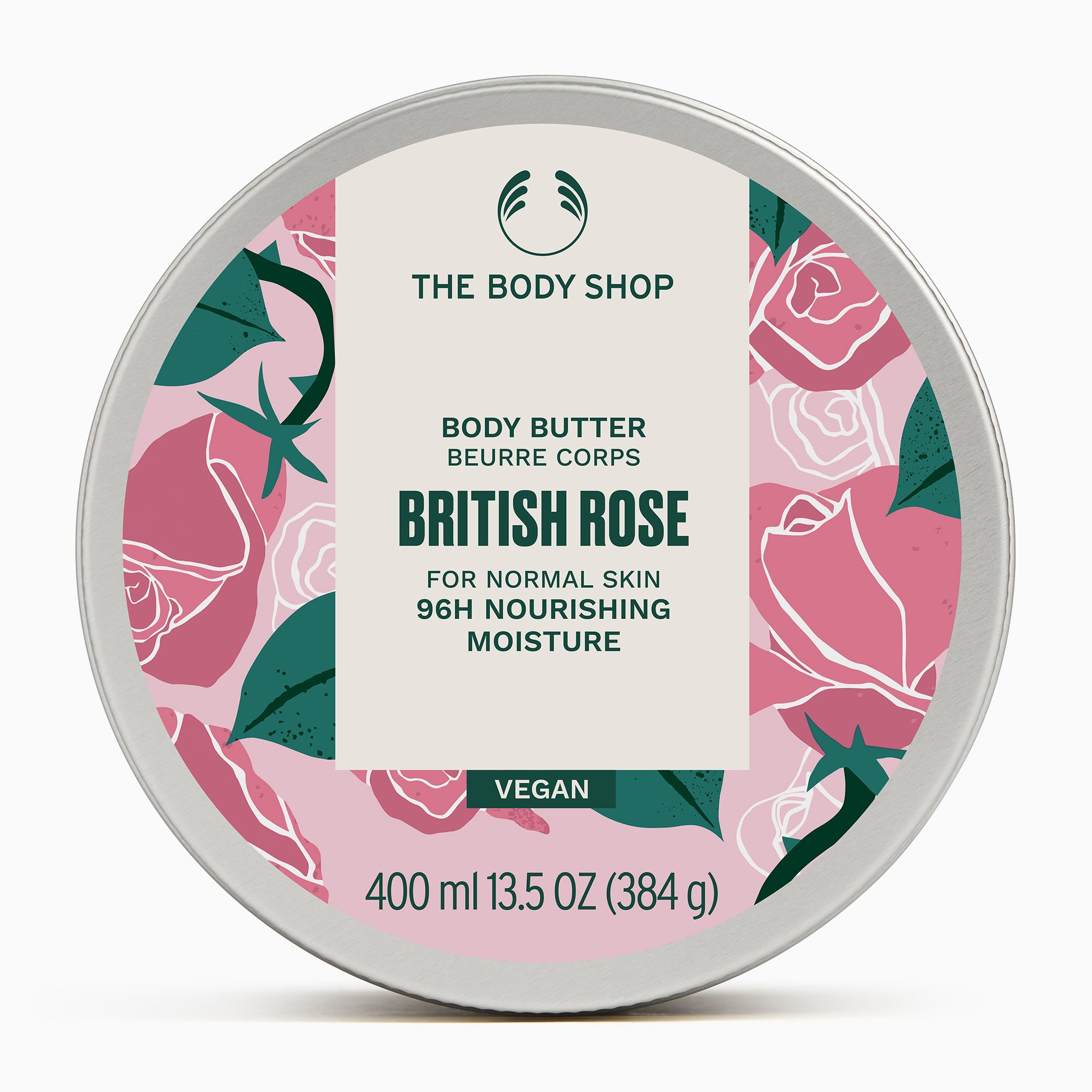 The Body Shop British Rose body butter container on a white background