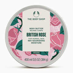 The Body Shop British Rose body butter container on a white background