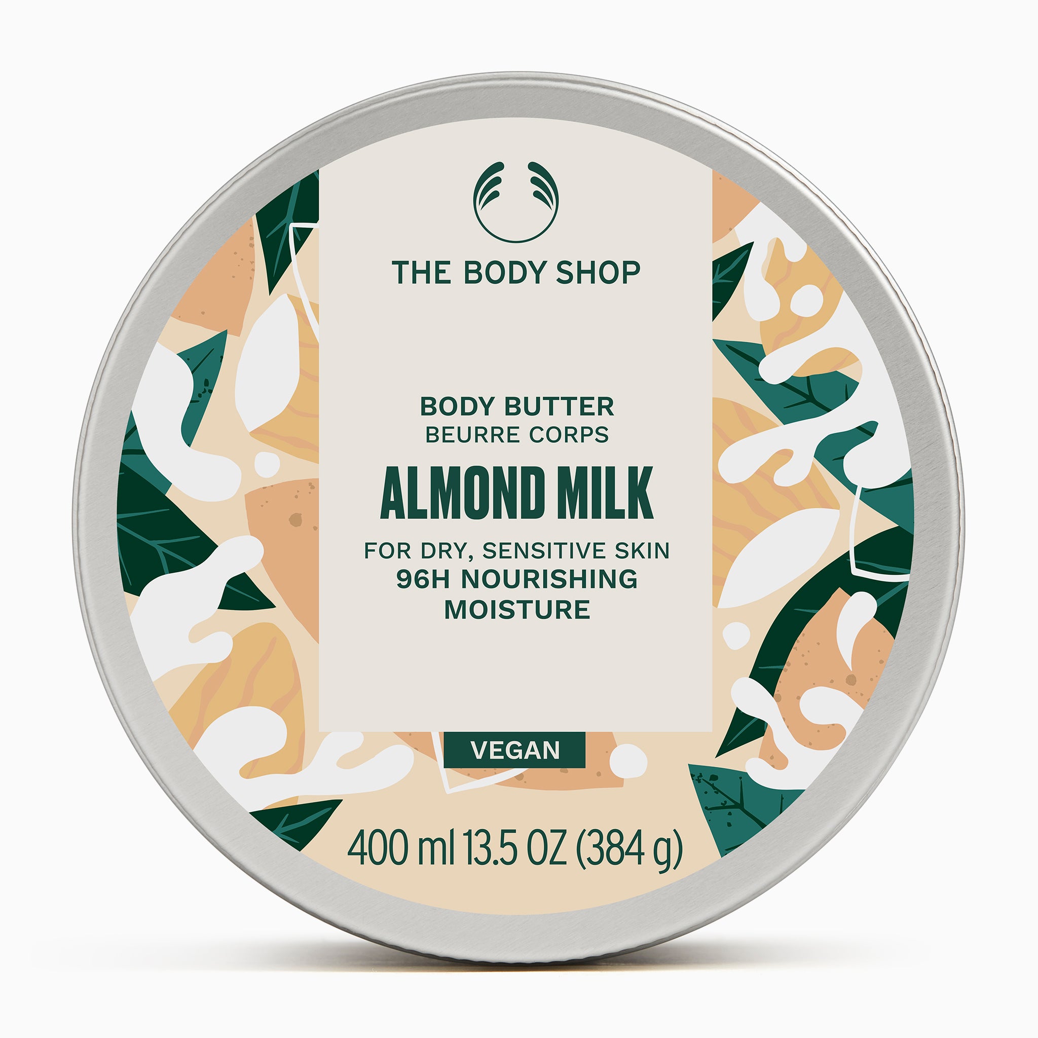The Body Shop Almond Milk body butter container on a white background