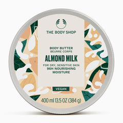 The Body Shop Almond Milk body butter container on a white background