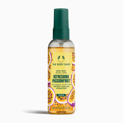 The Body Shop Refreshing Passionfruit body mist bottle on a white background