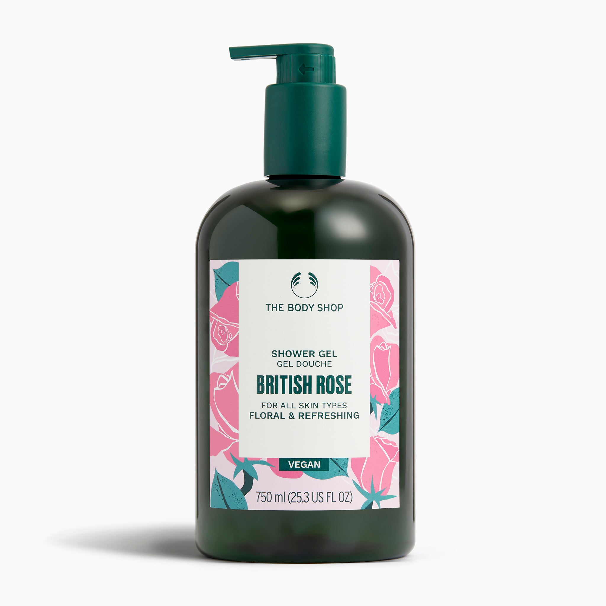The Body Shop British Rose shower gel bottle on a white background
