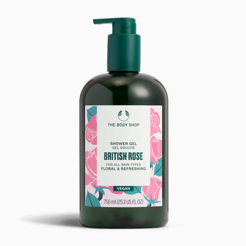 The Body Shop British Rose shower gel bottle on a white background