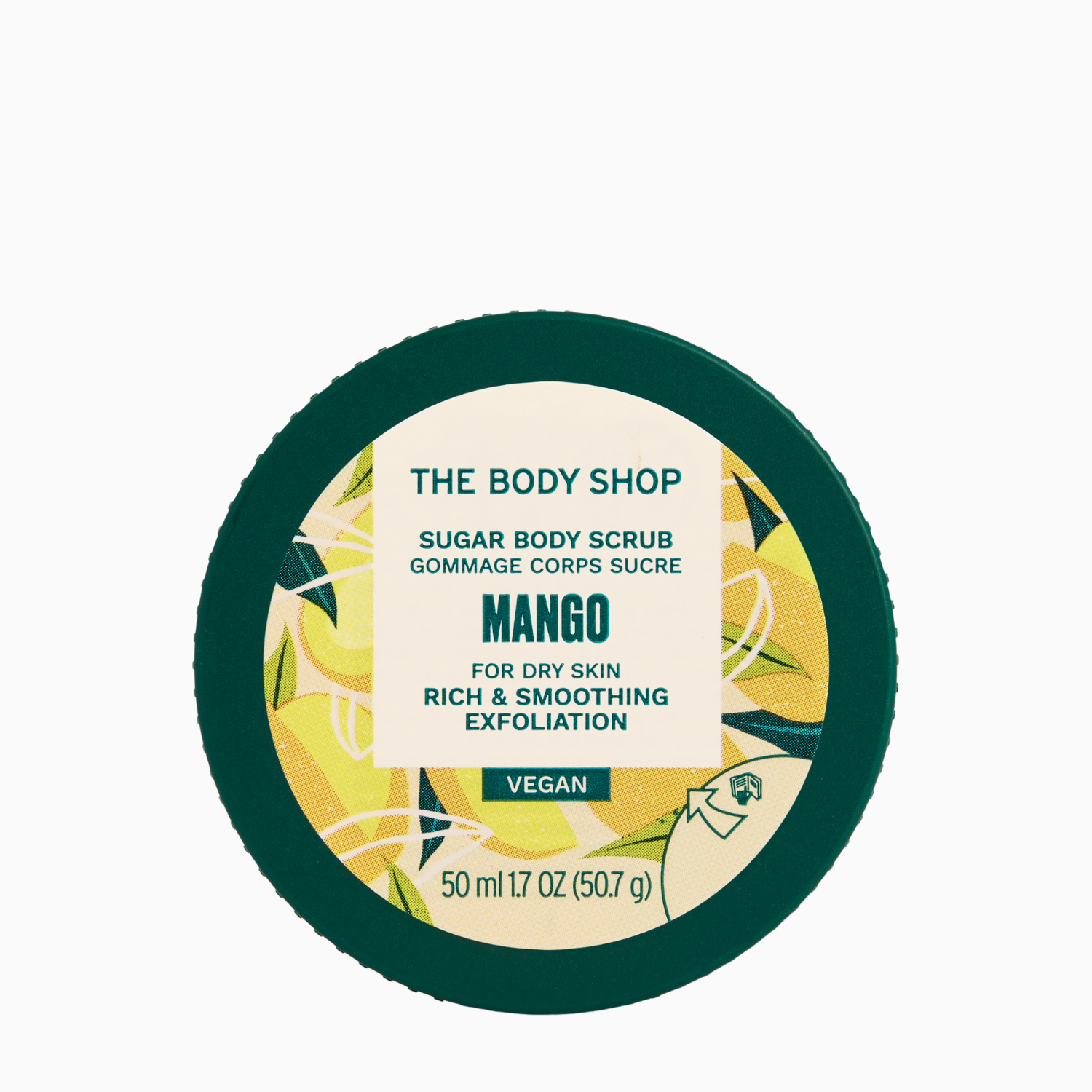 The Body Shop Mango sugar body scrub container on a white background