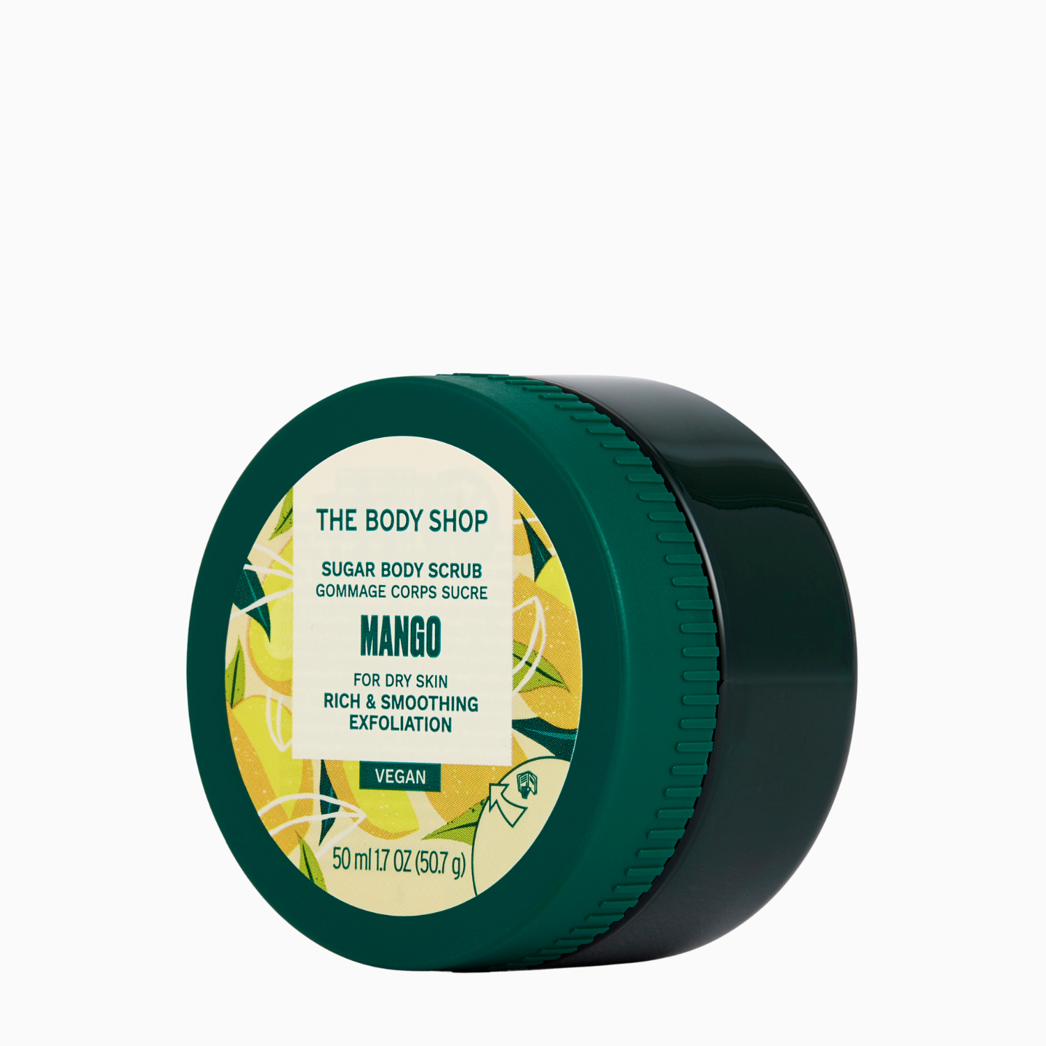 The Body Shop Mango sugar body scrub container on a white background