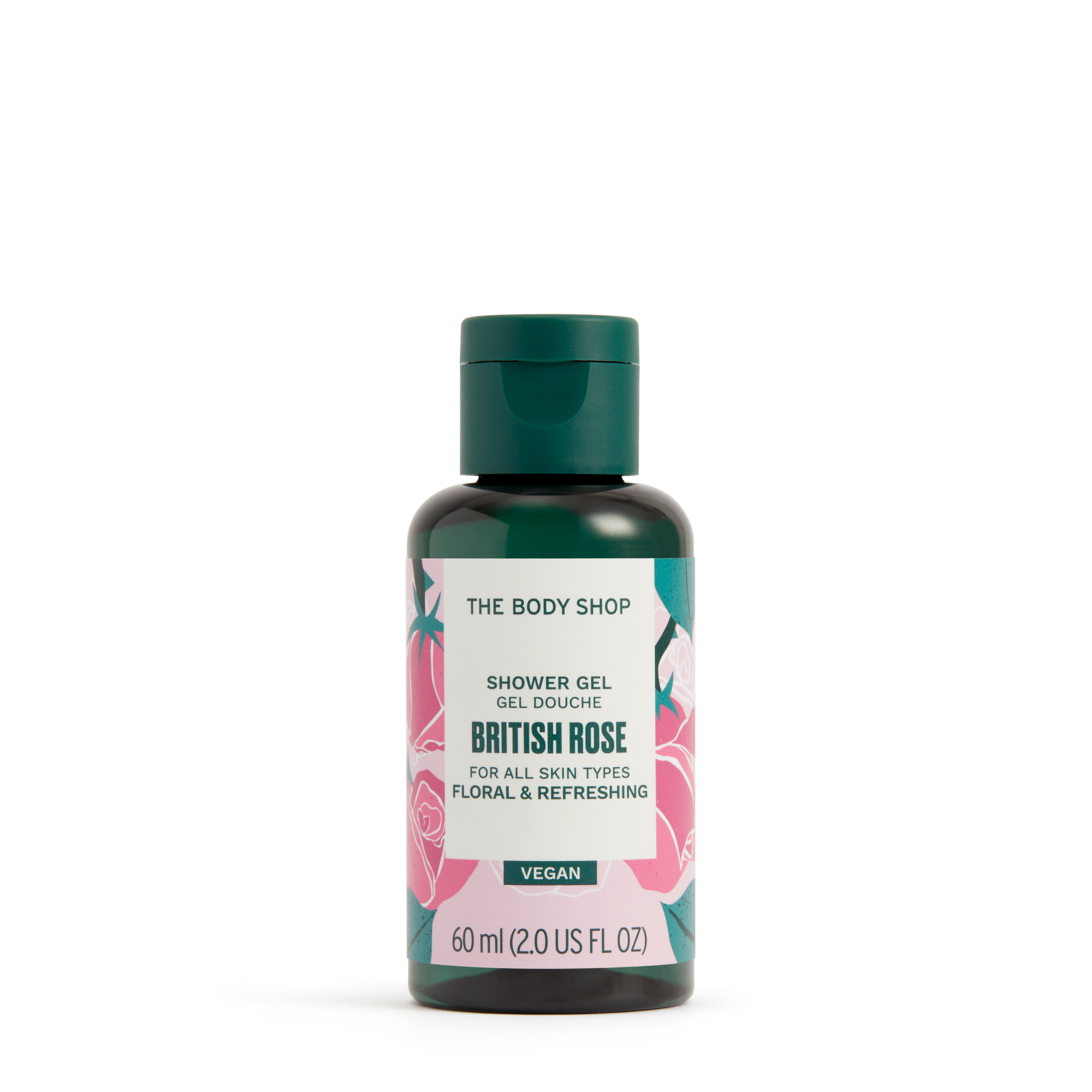 The Body Shop British Rose shower gel bottle on a white background