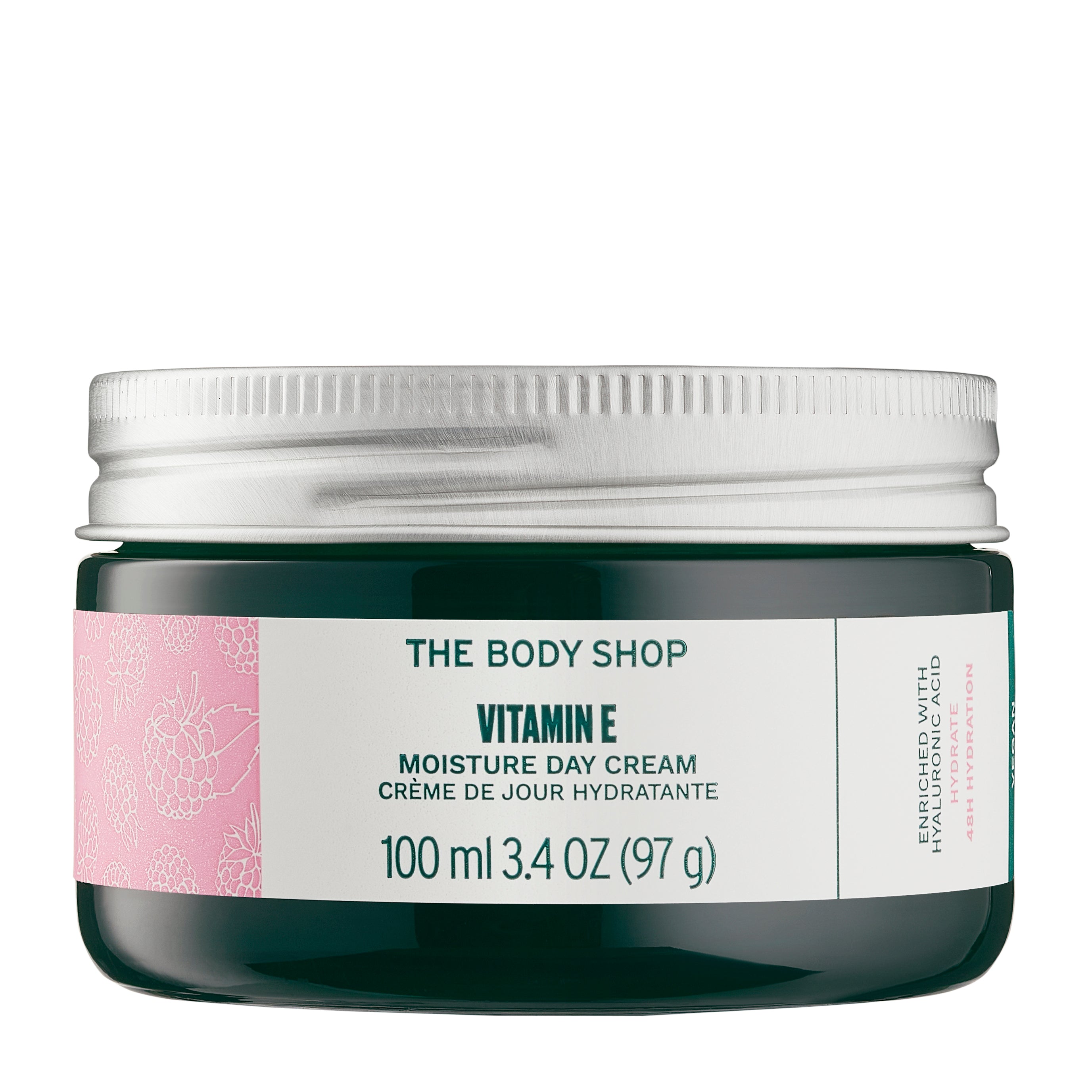 The body shop vitamin e moisture day cream product on a white background 100ml