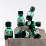 Green bottles with black caps on a concrete block against a white background