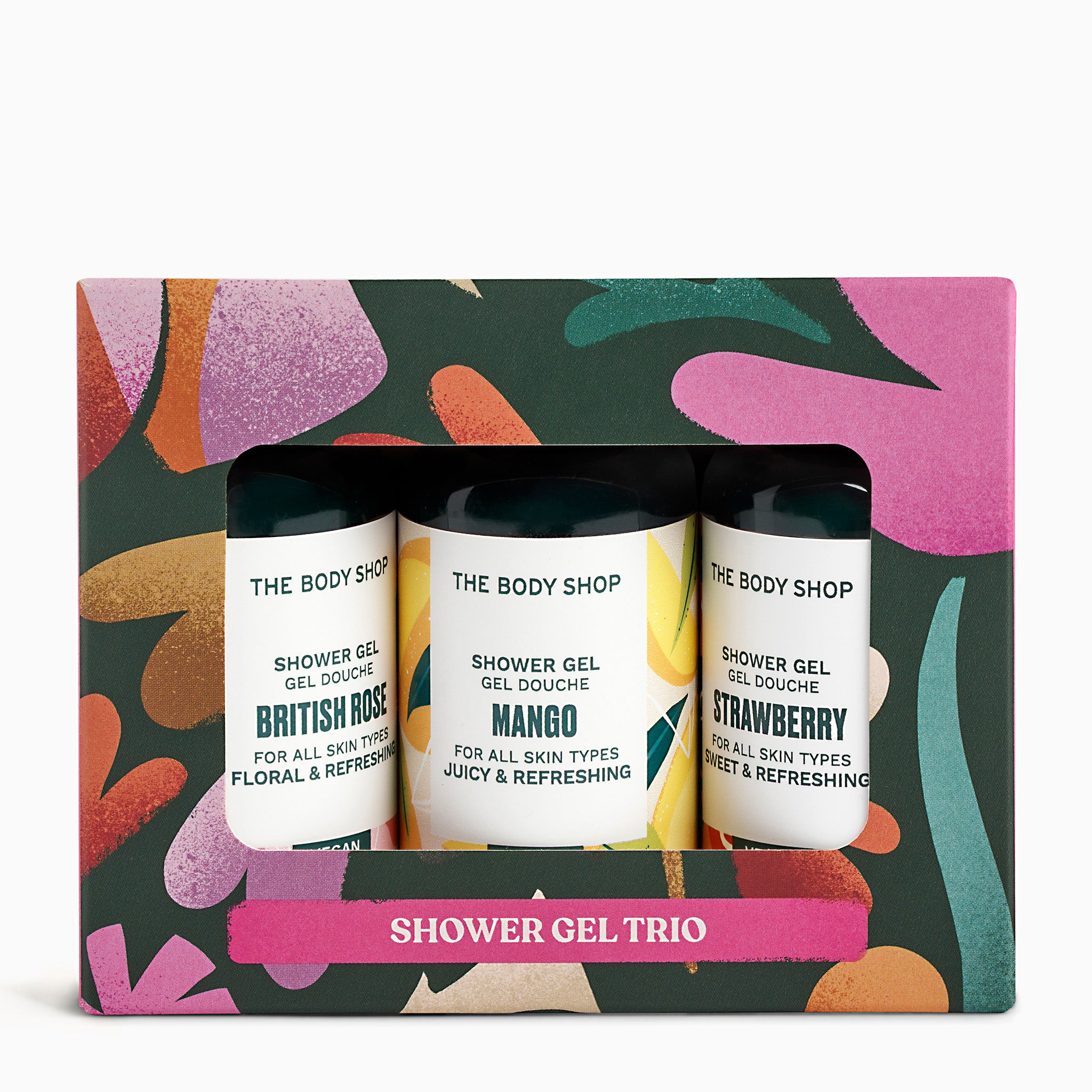 The Body Shop shower gel trio set with floral packaging