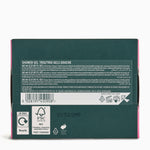 Back of a green packaging box with text and logos on a white background