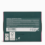 Back of a green packaging box with text and logos on a white background