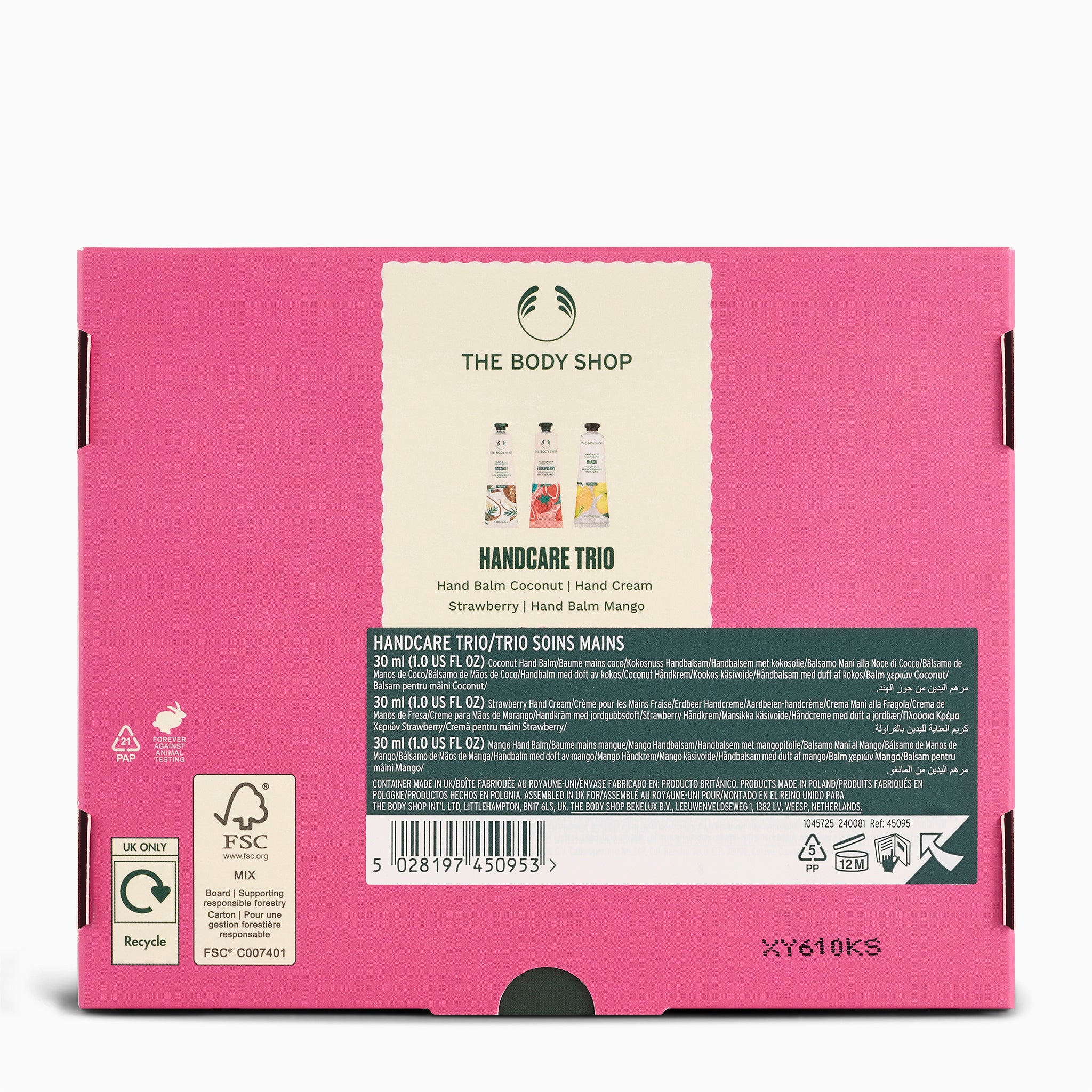 Pink packaging of The Body Shop Handcare Trio with branding and product details.