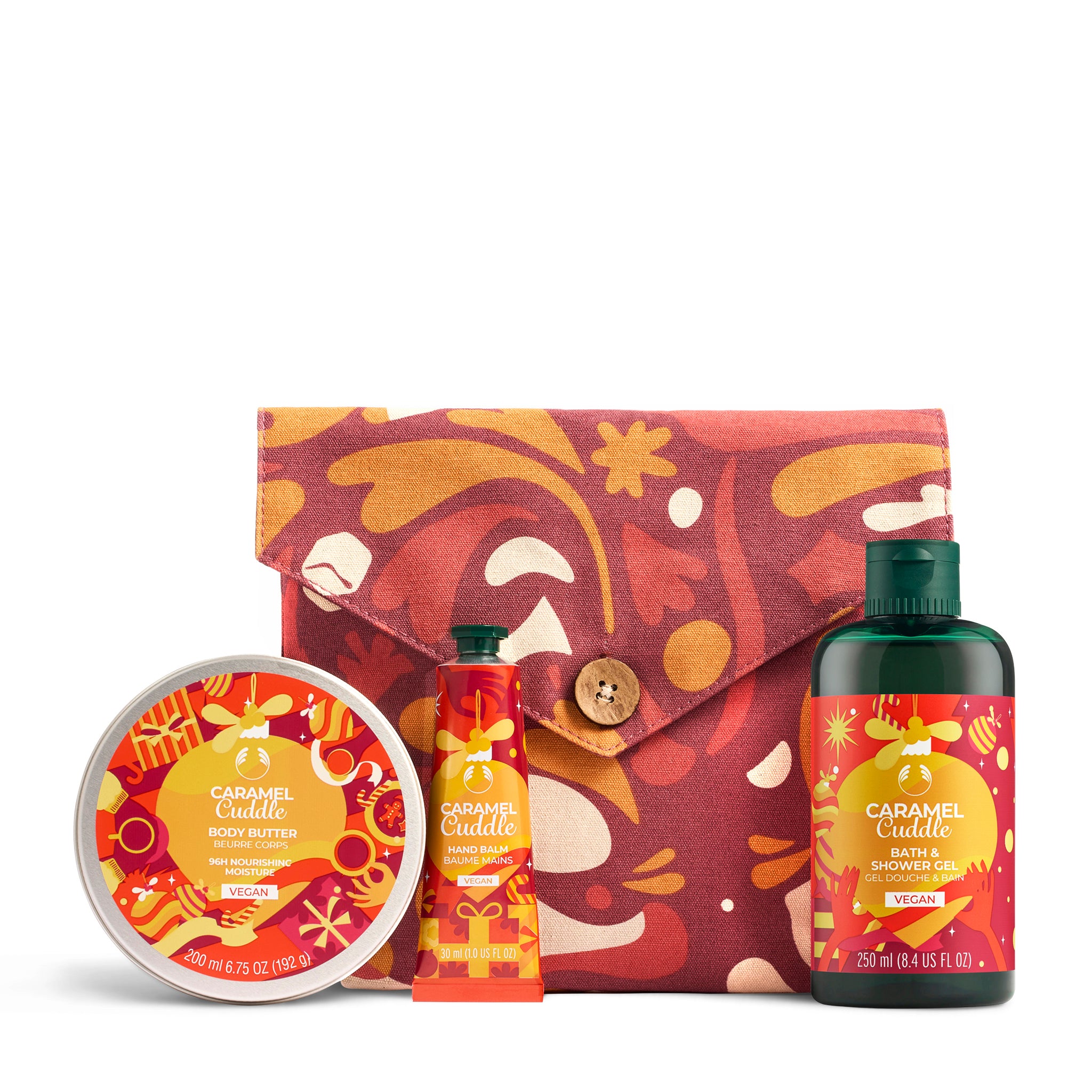 Caramel Cuddle product set with a patterned bag on a white background