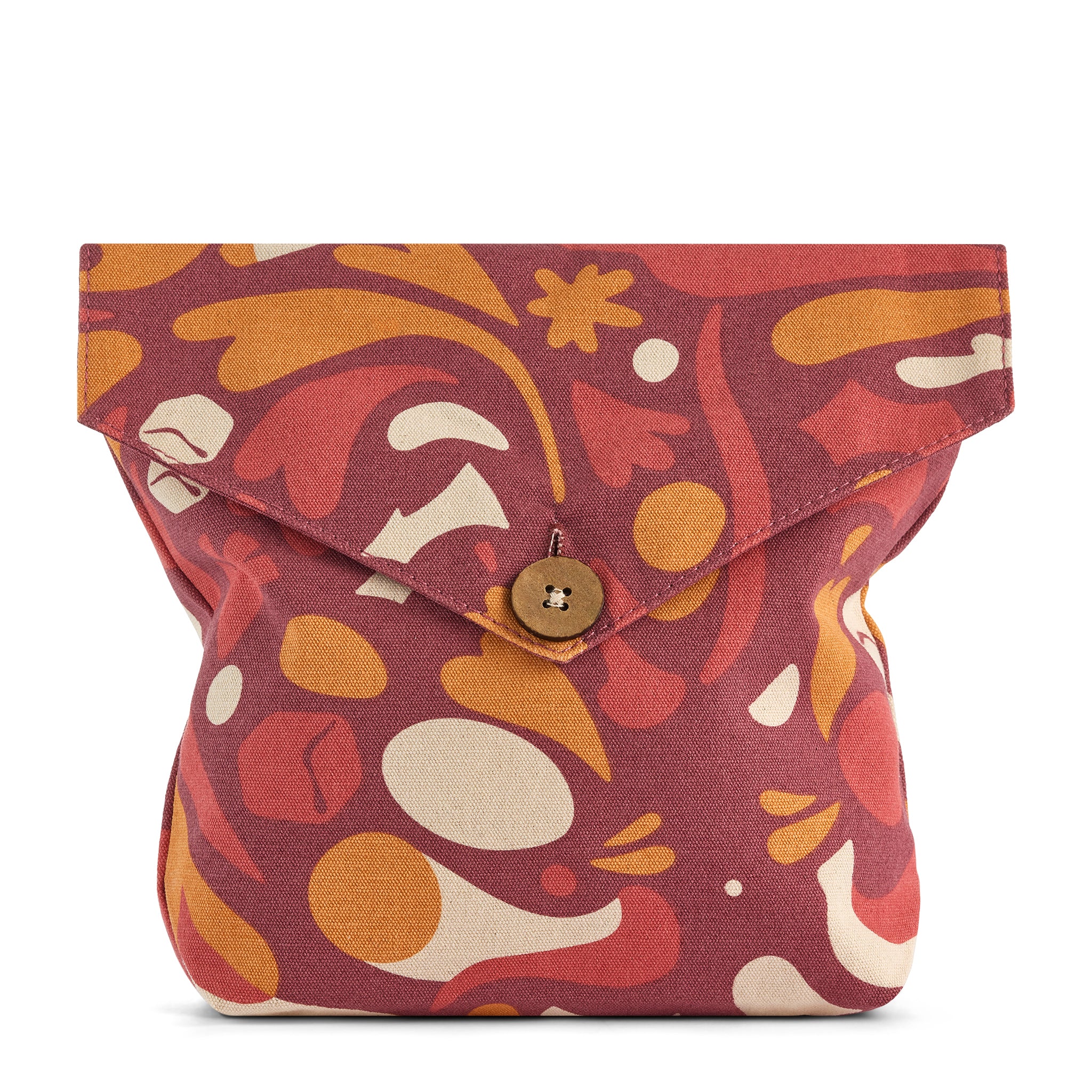 Fabric pouch with a colorful abstract pattern on a white background