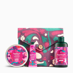 Set of Sugarplum Passion bath and body products with a colorful patterned bag on a white background