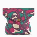 Patterned pouch with a button on a white background