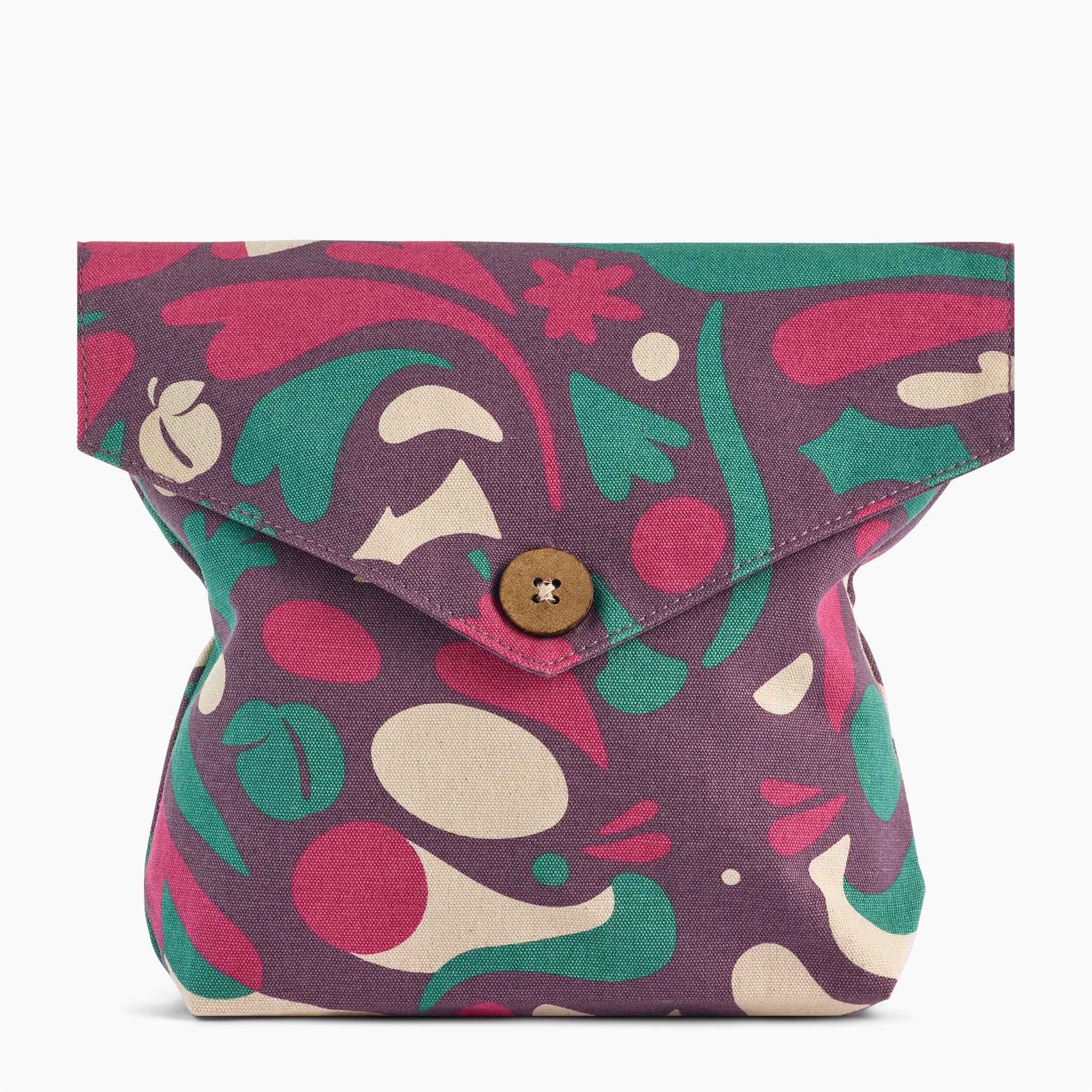 Patterned pouch with a button on a white background