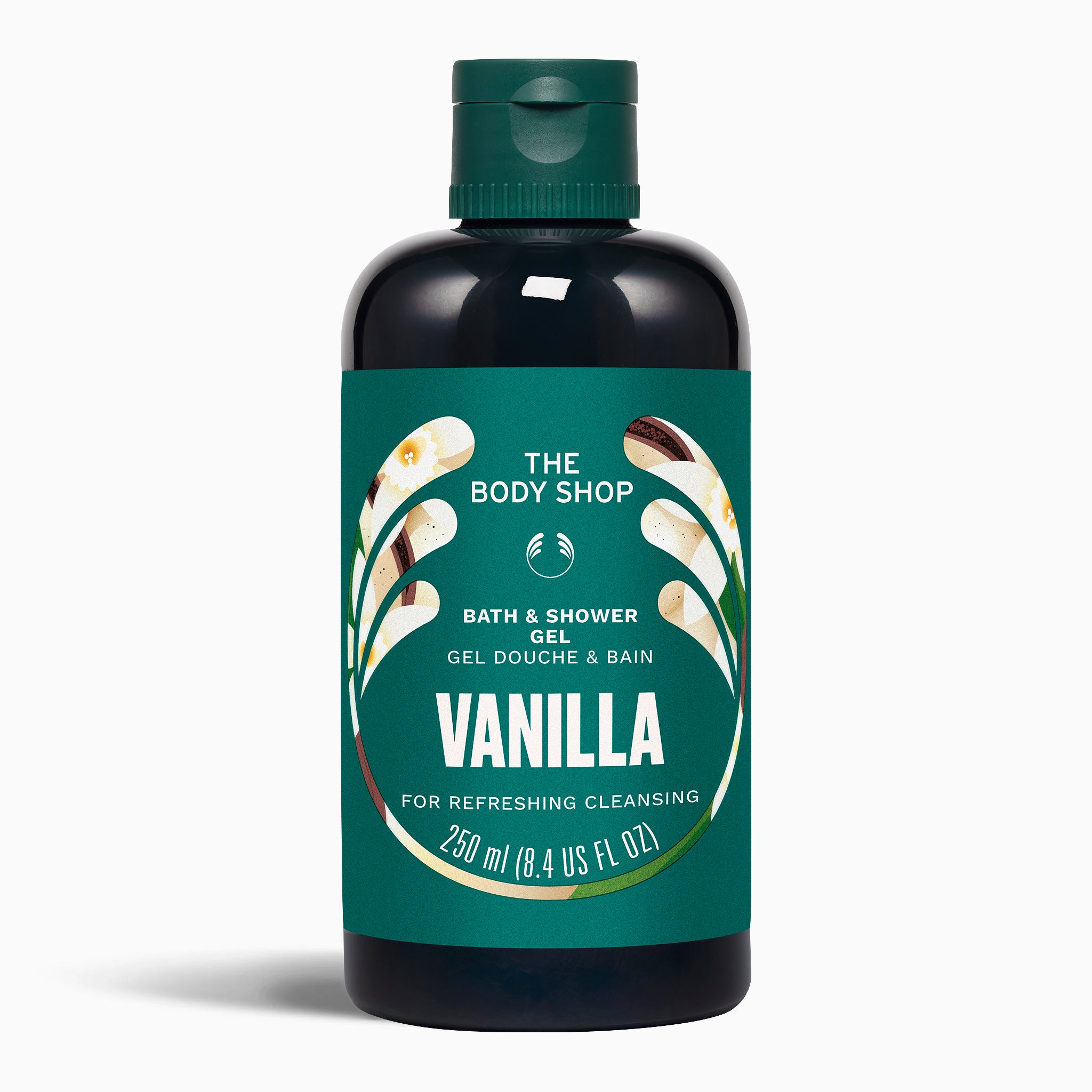Bottle of The Body Shop Vanilla bath and shower gel on a white background