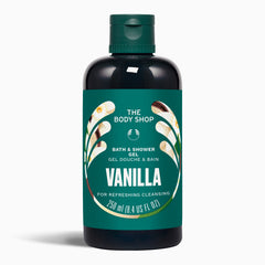 Bottle of The Body Shop Vanilla bath and shower gel on a white background