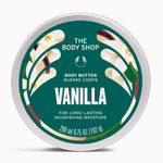 Vanilla body butter container with 'The Body Shop' branding on a white background