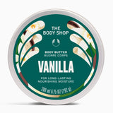 Vanilla body butter container with 'The Body Shop' branding on a white background