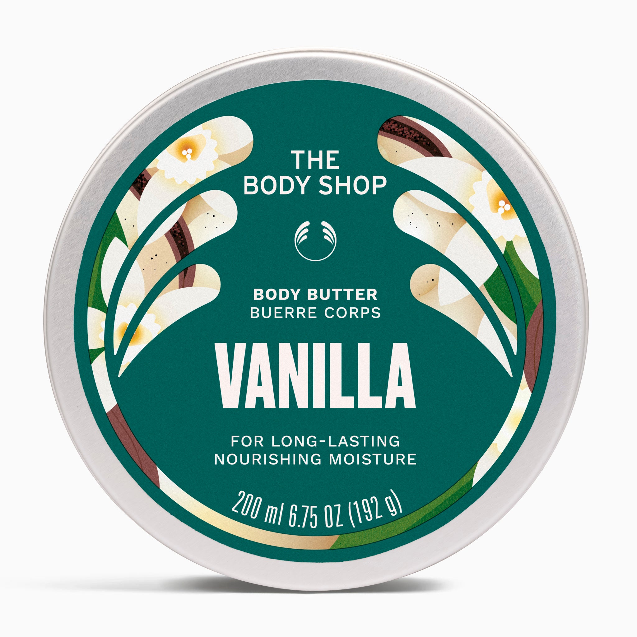 Vanilla body butter container with 'The Body Shop' branding on a white background