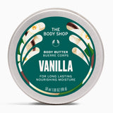 Vanilla body butter container with green label on a white background